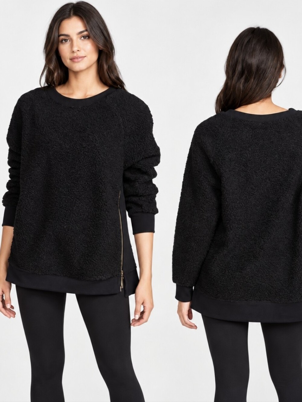 Varley Oakden Sherpa Teddy Pullover Black Fleece Sweatshirt Side Zip Womens Sz L